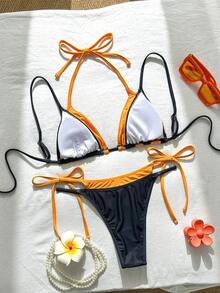 Swim Mod 女款兩件式比基尼泳衣套裝，花卉印花與純色拼接，掛脖繫帶設計，夏季度假海灘穿搭 - 彩色 - 查看 2