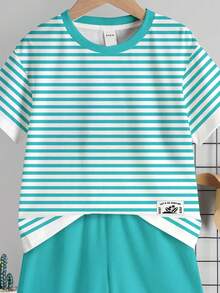 Young Boy Casual Minimalist T-Shirt Set, Classic Striped Summer Azure Color Pattern Print, Classic Coconut Tree Logo Pattern Print, Suitable For Spring And Summer, Suitable For Vacation - Multicolor - View 4