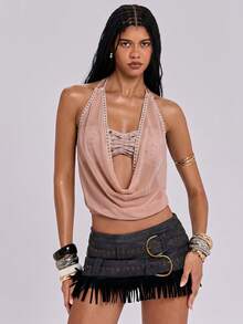 ROMWE Y2K Avant-Garde Sexy 2 In 1 Strapless Sheer Eyelet Stud Decor Bandeau Two Pieces Women's Tank Top - Khaki - View 5