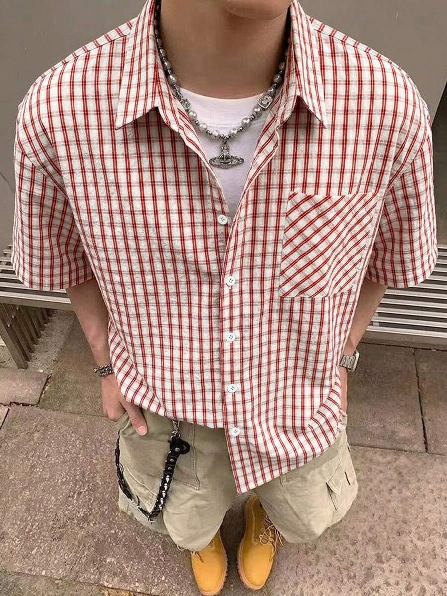 STEELVANCE 男士大尺碼舒適格紋短袖襯衫,經典單口袋設計,適合正式或休閒場合,休閒度假、聚會、簡約辦公、居家休閒穿著,百搭風格,適合自穿或送禮給朋友,熱銷舒適面料襯衫 - 彩色 - 查看 1