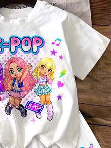 Kleine Mädchen Lässig Minimalistisch, K-Pop Superstars, Cartoon Mädchen Gruppe Druckmuster, Cremeweiß Kurzarm T-Shirt und Shorts 2-teiliges Set geeignet für den Sommer - Verschiedenfarbig - Übersicht 7