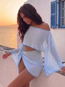 Swim Vcay Conjunto de 2 piezas de traje de baño con estampado floral blanco y negro estilo vacacional de manga larga para mujer - Azul y blanco - Ver 5