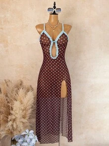 Bellisia 2026 Latest Fashion Beach Cover-Up Dress, Sexy Elegant Influencer Style, Blue Ruffle Trim With Coffee Base And Blue Polka Dot, High Slit Spaghetti Strap Long One-Piece Vacation Cover-Up - Multicolor - View 3