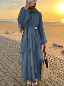 Solavon New Ruched Multi-Layer Flounce Cinched Waist Flowy Beach Dress, Flattering And Suitable For Vacation And Beach Unlined Sleeves - Blue - View 4