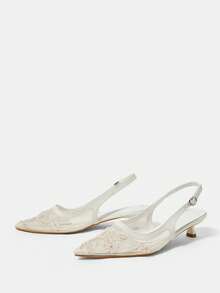 CUCCOO HITCHD Sepatu Wanita Beige Jala Bordir Manik-manik Ujung Lancip Hak Rendah Sandal Tali Belakang Gaya Peri Lembut Model Musim Semi dan Musim Panas Cocok untuk Pernikahan dan Kencan - Putih 1 - View 4
