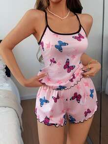 Softscene Colorful Butterfly Print Camisole & Shorts Pajama Set - Multicolor - View 3