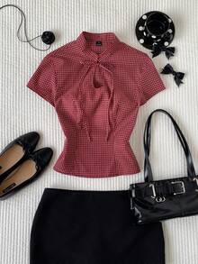 Comfortcana Women's Summer Casual Plaid Tie-Front Top - Red - View 3