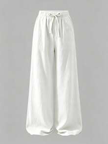 SHEIN 青少年（女孩）春夏休闲沙滩度假日常100%纯棉宽松带口袋长裤 - 白色 - 查看 4