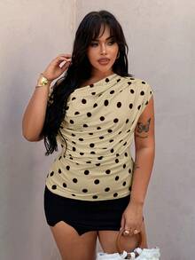 Rustia Plus Size Polka Dot Scoop Neck Sleeveless T-Shirt, Spring/Summer - Apricot - View 6