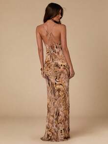 SHEIN BAE Women's All-Over Print Spaghetti Strap Slim Fit Sexy Dress Suitable For Summer Wear - Khaki - View 2