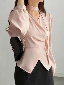 DAZY Solid Color Fitted Ruched Long Sleeve Elegant Formal Spring Autumn Women's Blouse Summer School - Pink - View 5