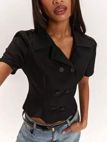 SHEIN BAE Women's Black Double-Breasted Short-Sleeved Jacket, Suitable For Casual Outings, Slim-Fit Black Jacket, Short-Sleeved Black Jacket. - Black - View 7