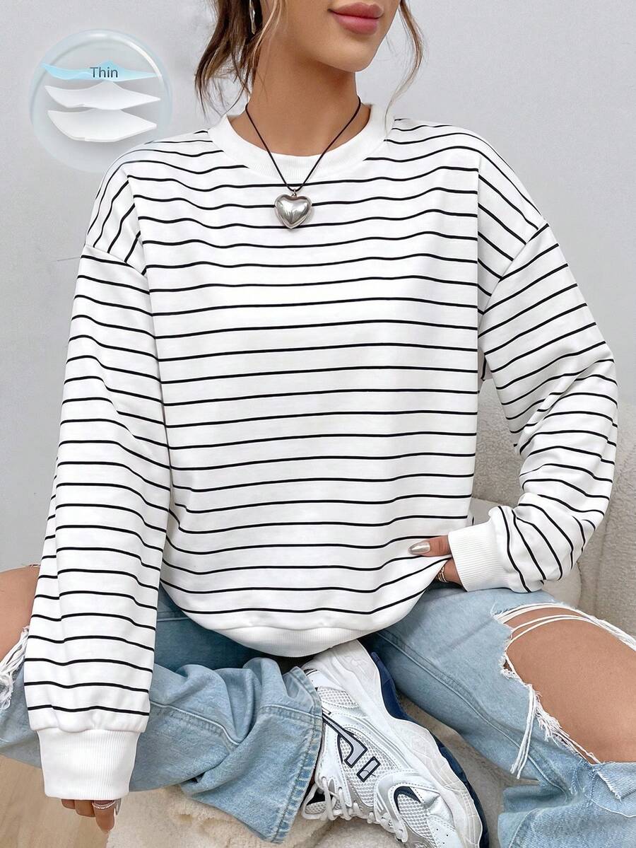 SHEIN EZwear 休閒簡約印花圓領長袖寬鬆女款運動衫 - 彩色 - 查看 1