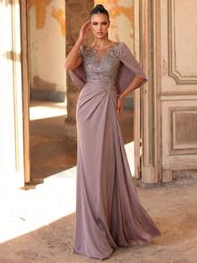Aureia Vestido Elegante com Renda Bordada & Patchwork de Lantejoulas, Manga de Babado Elástica de Cetim, Bainha Sereia, Azul Acinzentado, Inverno, Elegante, Formal, Noite, Casamento Formal - Rosa empoeirado - Visão 4