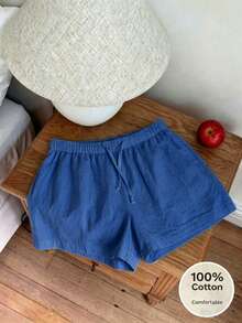 SHEIN Shorts casuales de unicolor con cintura con cordón para uso diario versátil para niñas preadolescentes - Azul - Ver 4