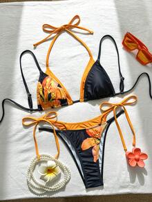 Swim Mod 女款兩件式比基尼泳衣套裝，花卉印花與純色拼接，掛脖繫帶設計，夏季度假海灘穿搭 - 彩色 - 查看 4