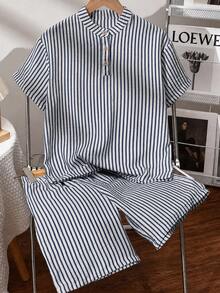 2pcs/Set Tween Boys Casual Vacation Striped Half-Button Shirt Set, Suitable For Daily Commute, Vacation, School And Multiple Occasions - Navy Blue - View 1