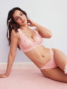 Elorette 花卉蕾丝胸罩和内裤性感内衣套装 - 淺粉色 - 查看 7