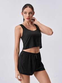 Loungeista 2pcs Casual Solid Color Camisole & Shorts Pajama Set For Women, Summer New Lightweight Homewear Outfit, Fashionable & Comfortable Camisole & Shorts - Black - View 5