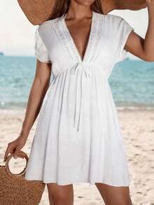 Swim Vcay Women's Summer Beach Bohemian Style V-Neck Large Ruffle Batwing Sleeve Elastic Waist Tie Vacation Cover-Up Dress - White - View 3