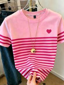 EMERY ROSE Plus Size Women's Heart & Stripe Digital Print Short Sleeve T-Shirt - Multicolor - View 3