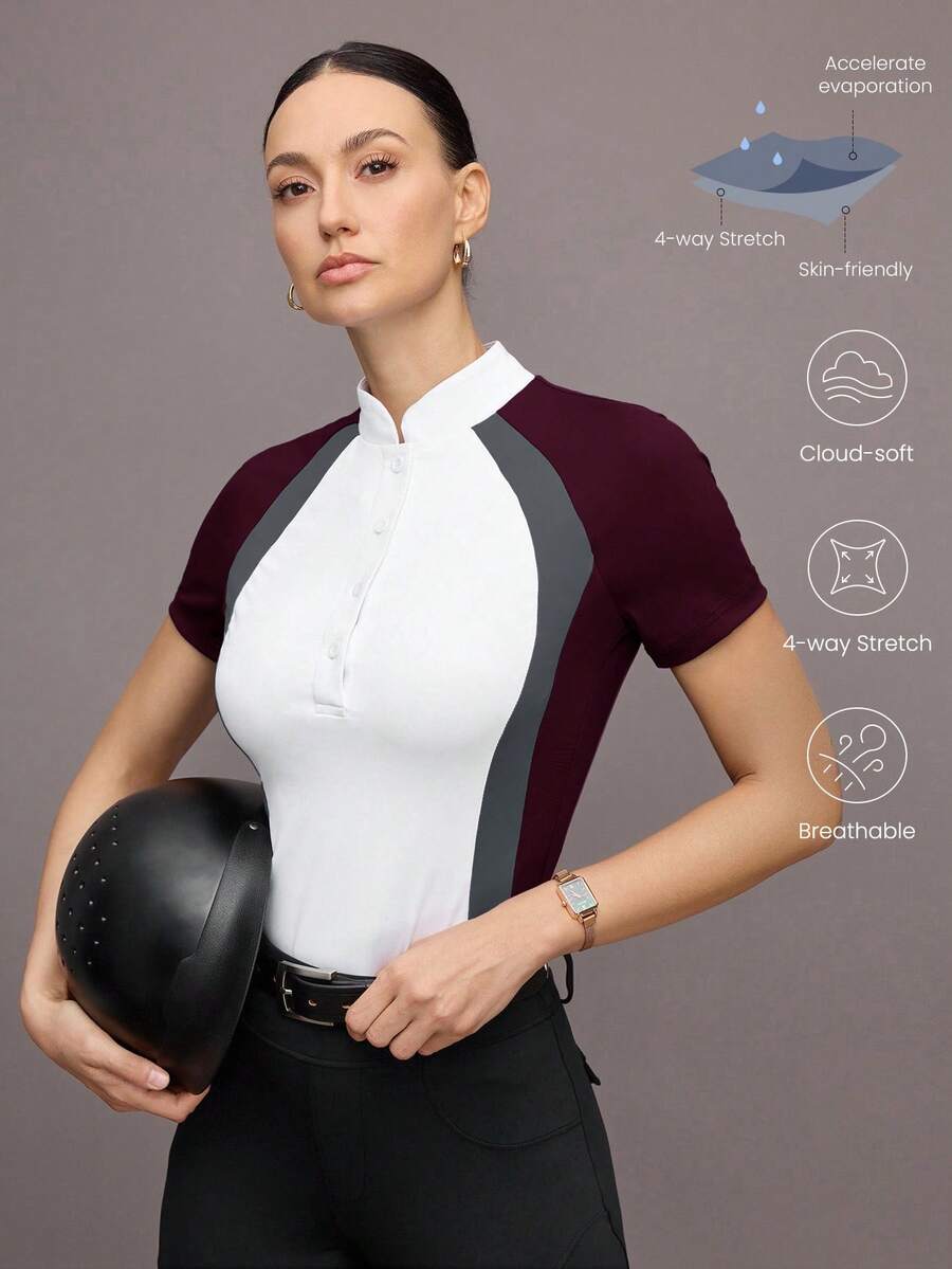 Activina Women's Contrast Color Patchwork Short Sleeve Equestrian Top - White - View 1