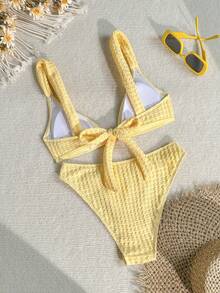 Swim Mod Set bikini jacquard floreale con coppe triangolari modellante per donne, per sorgenti termali & vacanze - Giallo - Visualizzare 2