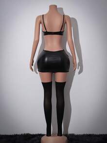 AltCore Conjunto de lencería sexy de 4 piezas con patchwork de malla y cuero PU - Negro - Ver 6