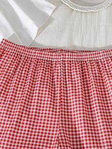 青少年女孩極簡黑色貓咪印花圓領短袖上衣與短褲兩件式居家服套裝 - 白色 - 查看 6