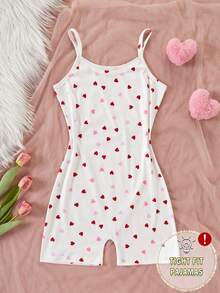 Teen Girls Fitted Spaghetti Strap Jumpsuit With Dark And Light Heart Pattern, Soft And Comfortable Fabric, Cute And Playful Home Wear For Girls, Best Gift For Girls - Multicolor - View 3