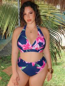 Swim Oasis 大尺碼女款 3 件組性感掛脖隨機數位印花海灘泳池休閒優雅泳裝套裝 - 藏蓝色 - 查看 7