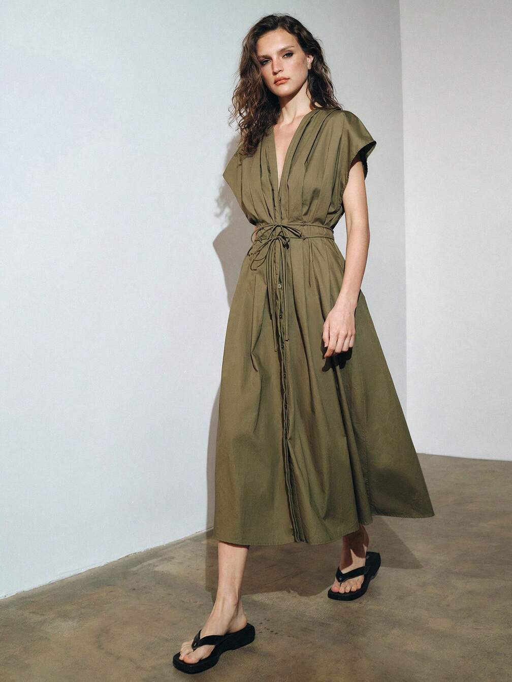 deep v cotton dress Sokhug Sleeveless for Women Deep V Cotton Dress Oblique Button Placket  Casual With Side Pockets Flowy Long Dress