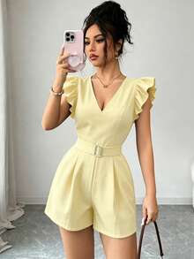 Selianne Women's New Woven Black V-Neck Flutter Sleeve Metal Button Decor Waist Cinched Casual Commute Jumpsuit - Yellow - View 3