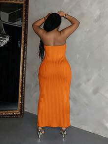 Slaydiva Slayr Plus Elegant Sexy Casual Solid Color Fitted Pocket Strapless Dress For Women Plus Size Vacation Orange Summer - Orange - View 2