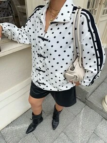 Muchica Plus Size Women's Polka Dot Pattern Frog Button Design Lightweight Jacket - Black and White - View 3
