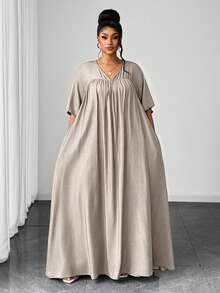 Maweii Plus Size Summer Casual Solid Color Dress - Apricot - View 1