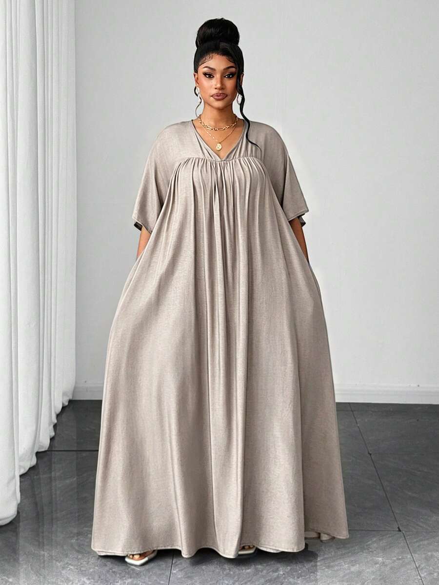 Maweii Plus Size Summer Casual Solid Color Dress - Apricot - View 1