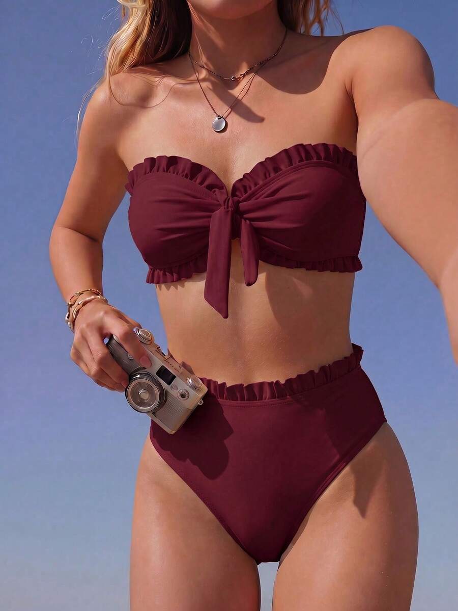 Swim Mod 女款夏季海灘純色荷葉邊飾抹胸比基尼套裝，前襟打結，兩件式黑色泳衣 - 紅色 - 查看 1