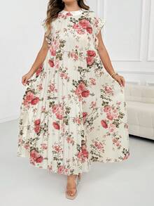SHEIN CURVE+ فستان نسائي مقاس كبير مطبوع بنقوش بدون أكمام - لون مشمشي - مشاهدة 5