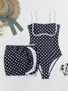 SHEIN Swim 春夏時尚性感可調式可拆卸肩帶加墊黑白拼接連身泳衣上衣與短裙套裝 女款 - 黑與白 - 查看 5