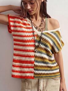 Bohemela Top de punto con bloques de color, rayas y patchwork para mujer - Amarillo - Ver 4
