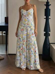 DAZY Sweet Floral Pattern Lace Patchwork Sleeveless Camisole & Wide Leg Pants 2-Piece Set Summer Women's Pajama Outfit - Light Grey - View 8