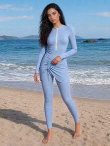 Veilorie 女款純色布基尼度假海灘泳衣 - 藍色 - 查看 6