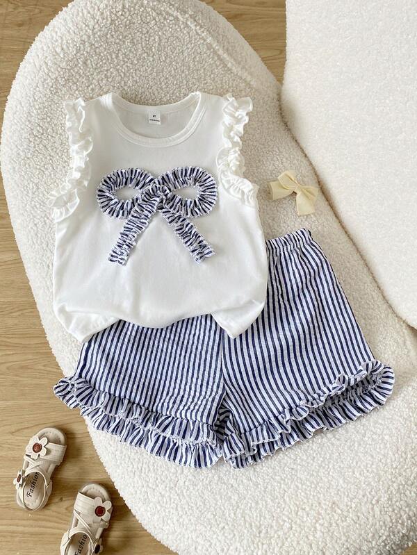 SHEIN Playful Pals Setelan Baju Bayi Perempuan Rajut Jacquard Krem Putih dengan Hiasan Rumbai dan Celana Pendek Merah Muda dengan Hiasan Rumbai, Pakaian Musim Panas Bayi yang Lucu dan Manis