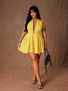 Rustia Vestido de Talla Grande con Diseño Sexy y Elegante, Escote Profundo en V, Cuello Halter con Lazo y Cintura Ceñida - Amarillo - Ver 6