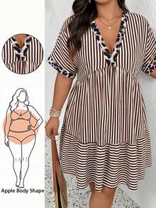 SHEIN Frenchy 大码休闲度假条纹豹纹拼接连衣裙 - 棕色 - 查看 1