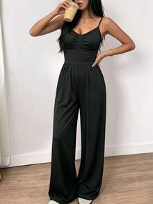 SHEIN Franclia Women's Black Jumpsuit, Spaghetti Strap Wide Leg Jumpsuit, Suitable For Summer - Black - View 7