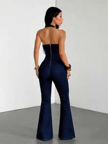 SHEIN Tall جمبسوت جينز صيفي مثير بظهر مكشوف وياقة هالتر - أزرق داكن - مشاهدة 3