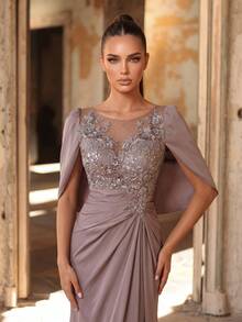 Aureia Vestido Elegante com Renda Bordada & Patchwork de Lantejoulas, Manga de Babado Elástica de Cetim, Bainha Sereia, Azul Acinzentado, Inverno, Elegante, Formal, Noite, Casamento Formal - Rosa empoeirado - Visão 1