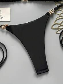 Swim Mod Women's Spring/Summer Solid Color Halter Tie Bikini Set With Metal Decor - Black - View 5
